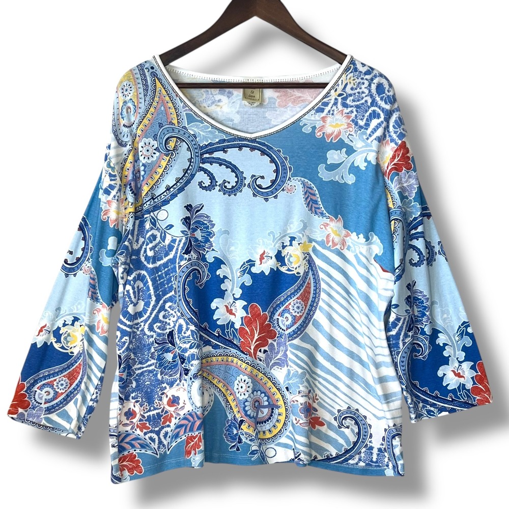 Jess & Jane Vintage Macaron XL 100% Cotton Blue Paisley Top Made USA Art To Wear